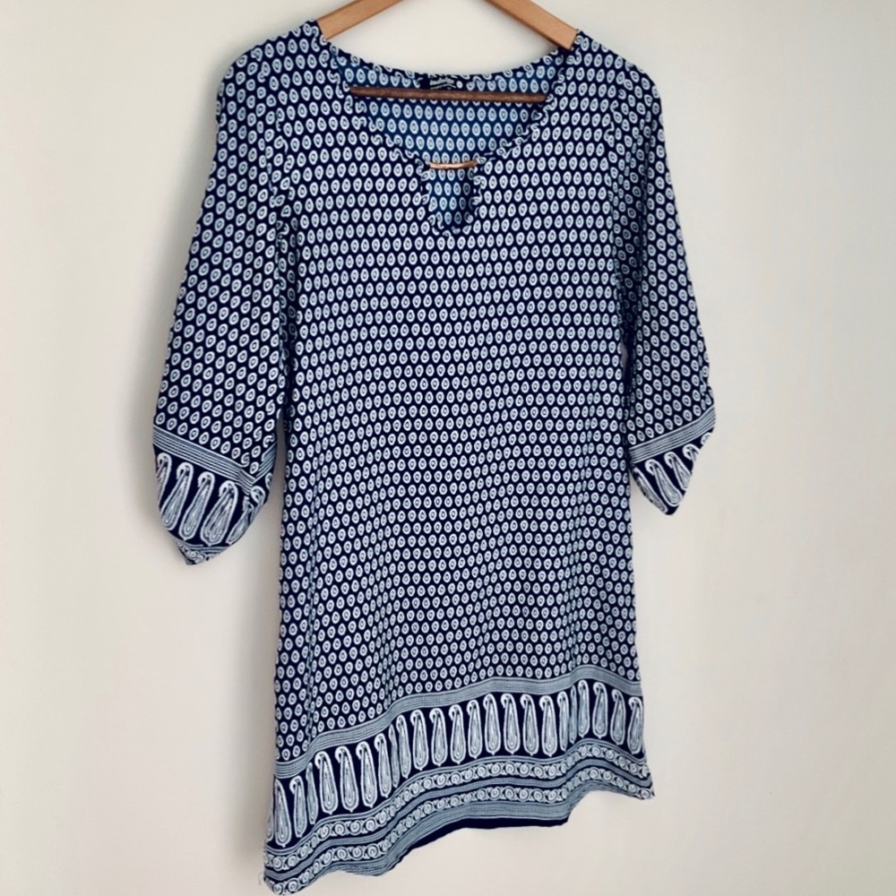 🆕 Boho Navy Geometric Print Roll Cuff Shift Dress